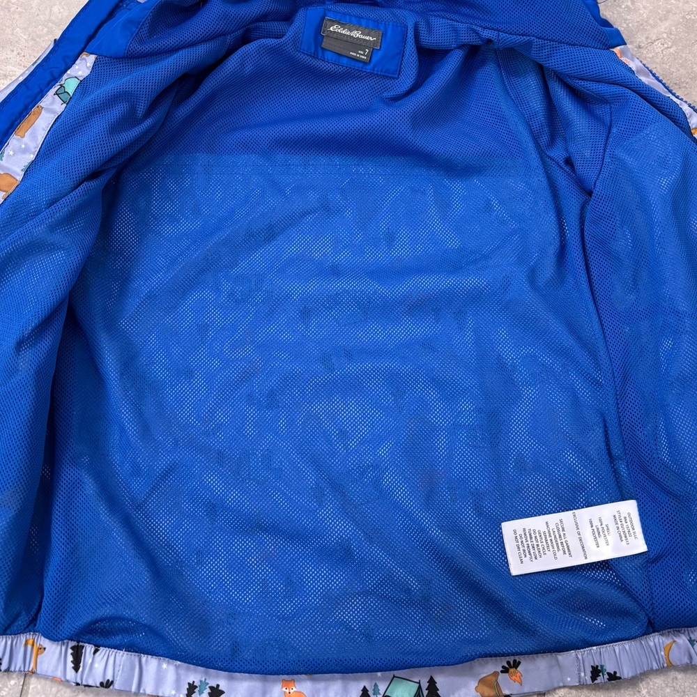 Eddie Bauer Camping Print Blue Spring Rain Hooded Lightweight Jacket Boy Size 7 - Picture 4 of 6
